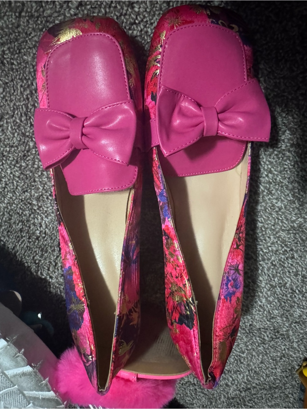 SHEIN Hot Pink Floral Bow Slip-On Loafers